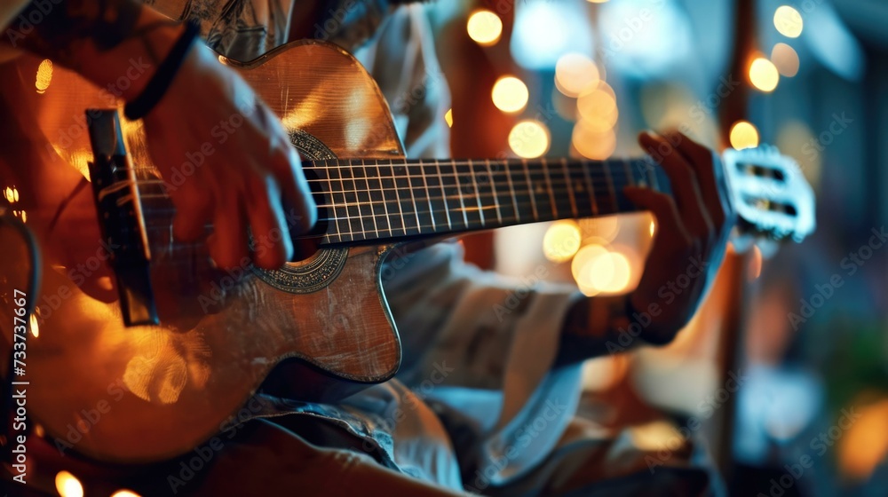 Obraz premium A person playing an acoustic guitar in front of a background of lights. Generative AI.