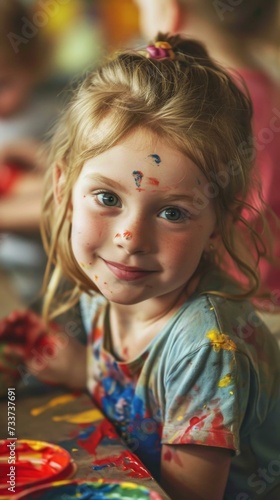 A young girl is smiling while painting with paint. Generative AI.
