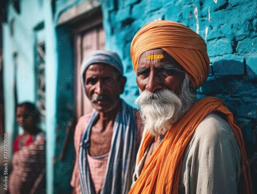 Two men in turban standing in front of a blue building. Generative AI.