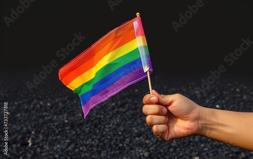Rainbow flag showing in hand while standing against a black background