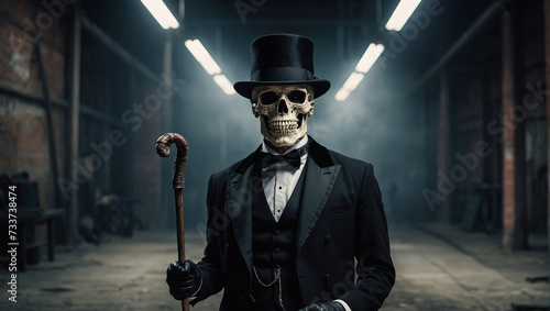 A skull jaw with teeth instead of a head, wearing black trousers, a tailcoat and a black gentleman's hat, holding a cane. generative AI