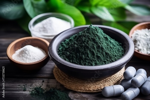 Green spirulina tablets in a bowl and powder in the background