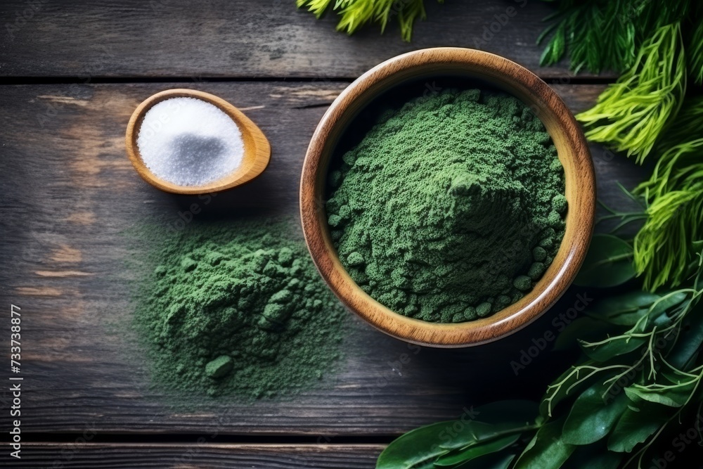 Green spirulina tablets in a bowl and powder in the background Green spirulina tablets in a bowl and powder in the background