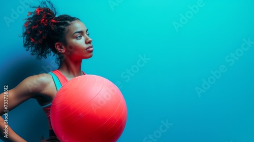 Portrait of young sportive girl training in the gym doing exercises with ball isolated over blue background in neon --ar 16:9 --v 6 Job ID: 5b62cb3d-a2b2-4691-9a0d-575dd2b62012 © Elvin