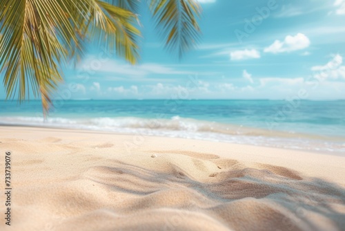 Tropical summer sand beach and palm on sea sky background, copy space. Summer vacation and travel concept. © Tisha
