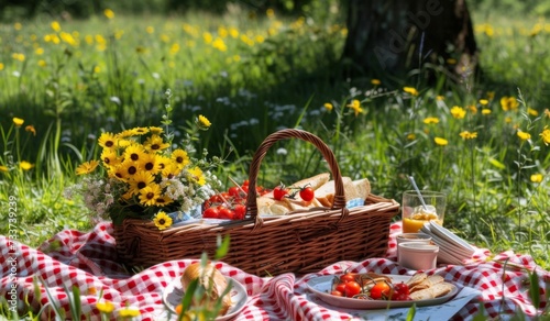 outdoor picnic picnic, nature in the garden, snacks, cupboards, close-up Breakfast picnic with waffles and tea in garden
