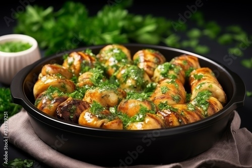 Tasty fried or baked snails in sauce in a pan