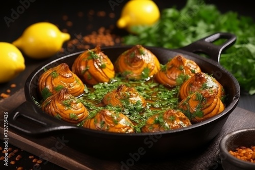 Tasty fried or baked snails in sauce in a pan