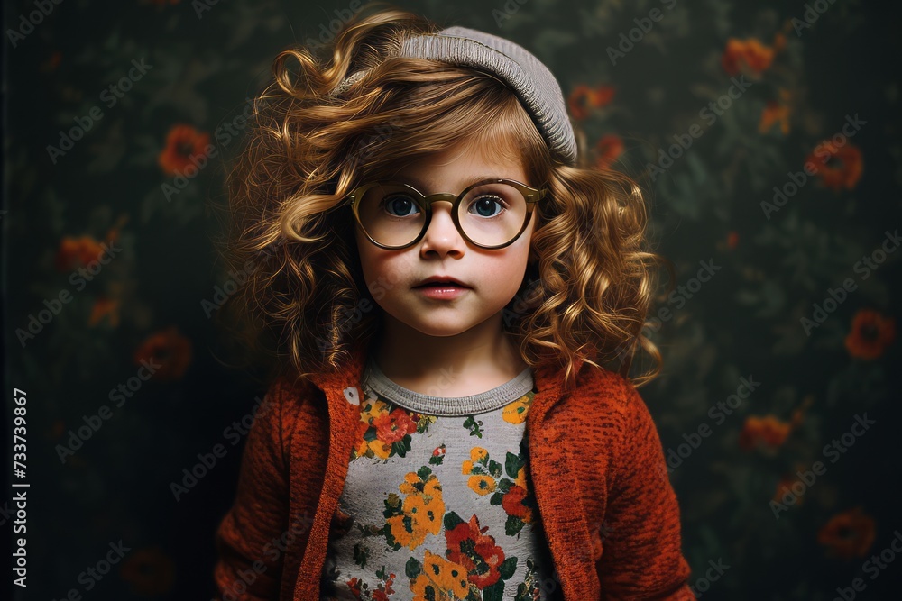 Portrait of a cute little girl with curly hair wearing glasses. Portrait of a cute little girl with curly hair wearing glasses.