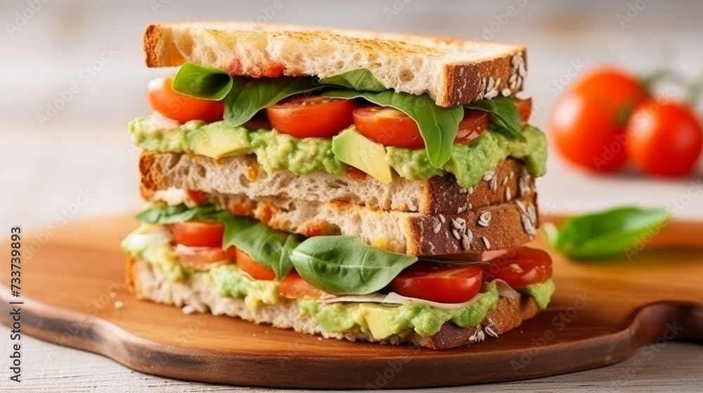 Sandwich with avocado, tomato, basil on a plate Sandwich with avocado, tomato, basil on a plate