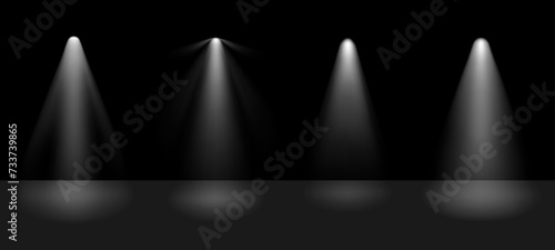 Theater show spotlight effect. Vector spot lightened stage background. White lamp glow in black concert studio. Night award scene.