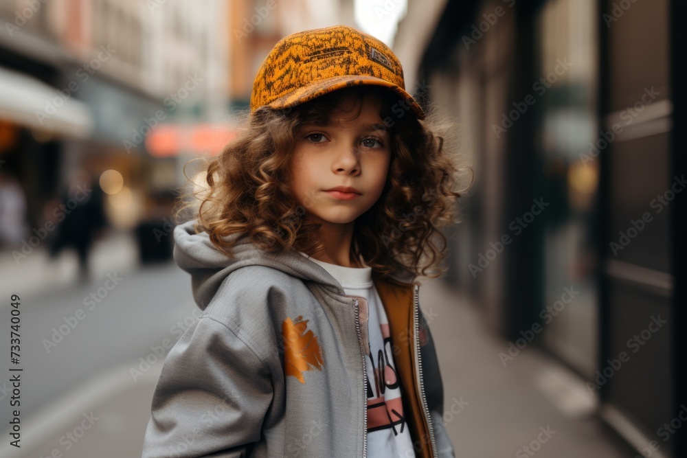 Portrait of a boy with curly hair in a cap on the street