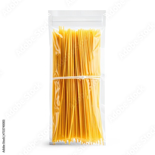 Spaghetti pasta transparent plastic bag package, isolated on white background. Packaging template mockup collection.