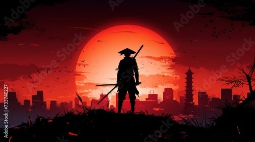 samurai boy anime wallpaper. samurai boy with oni mask on head. urban samurai boy. Samurai walpaper. silhouette of a samurai in the night background.