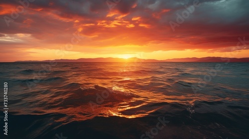 A sunset over the ocean with a boat in it, AI