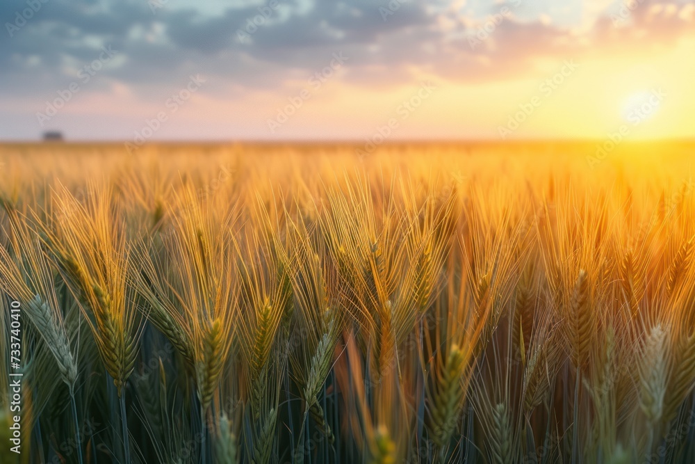 Prarie farm wheat field at sunset.