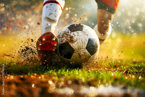 Muddy soccer ball on field with player's boots in action. Close-up of soccer play in mud, football ball and cleats dirty. Football game detail with mud splatter on ball and boots, professional stadium