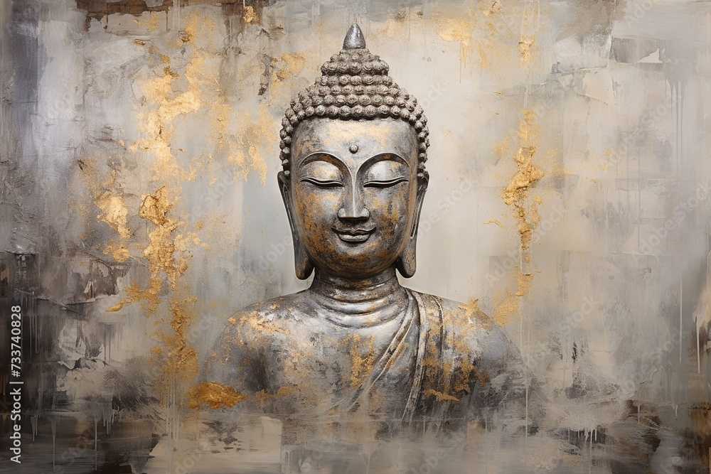illustration of buddha painted canvas in the style of silver, Generative ai - obrazy, fototapety, plakaty 