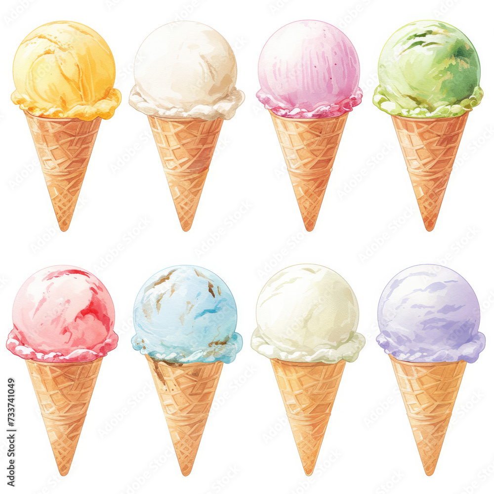 collection of ice cream cone, soft watercolor painting style, on white background