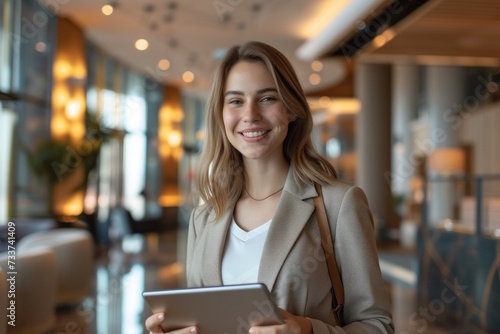 portrait businesswoman holding digital tablet in hotel conference lobby or airport travel waiting room. 