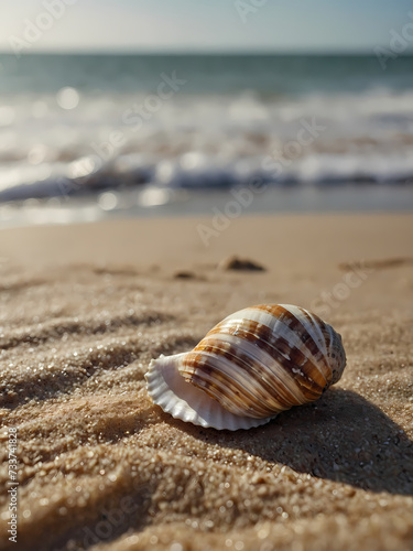 Macro shot showcasing the texture of a seashell on a sandy beach. © xKas