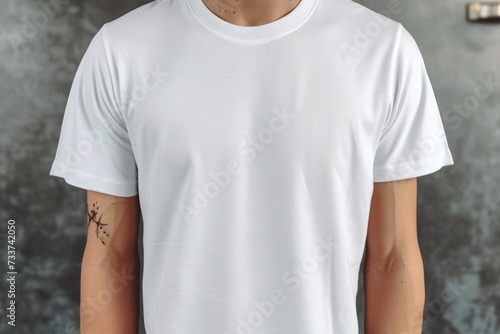 Wallpaper Mural White womens cotton tshirt mockup on gray concrete background. Design t shirt template, print presentation mock up. Top view flat lay. Torontodigital.ca