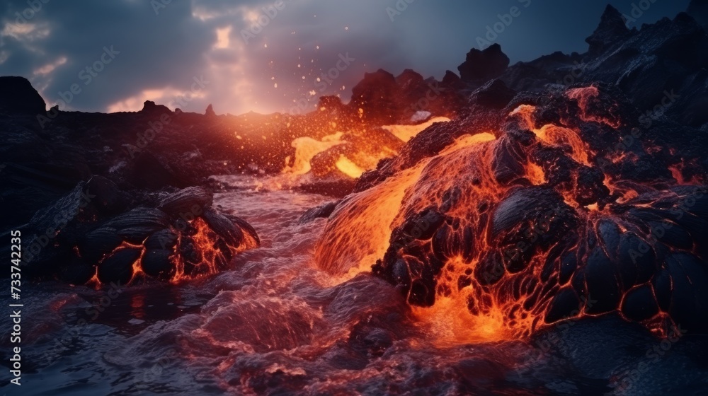 Eruption of volcanic magma, Volcanic lava eruption. Eruption of volcanic magma, Volcanic lava eruption.