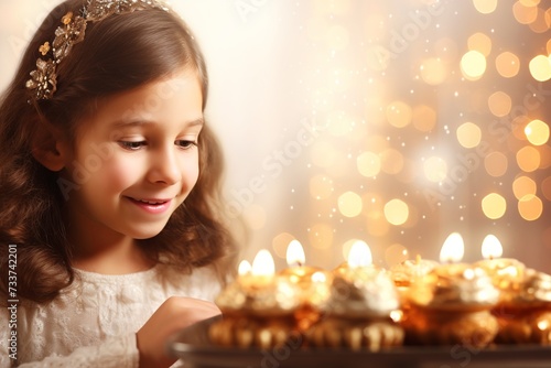 illustration of Child girl Looking at Menorah Candles on wooden, Generative ai