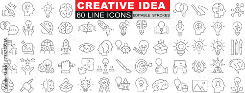 Creative Idea Line Icon Vector set, a comprehensive set of innovation and brainstorming symbols. Ideal for website and app design, featuring lightbulb, brain, gear, and more photo