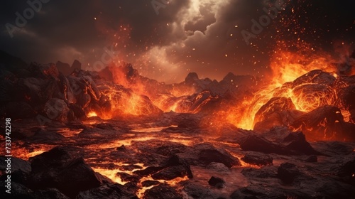 Eruption of volcanic magma, Volcanic lava eruption.