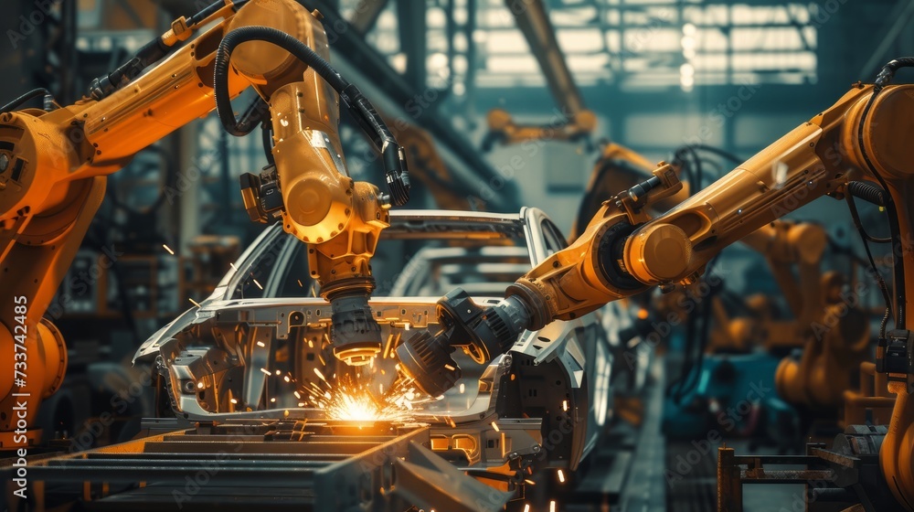 AI robot arm welding in a factory, assembling a car