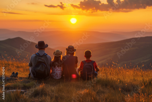 Rear view of happy family looking at beautiful view at sunset. Nature, travel and holiday concept