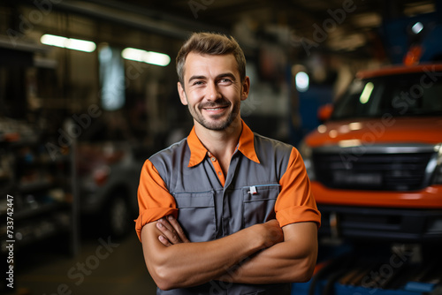 Auto mechanic in uniform standing with arms crossed in garage. Repair cars service concept