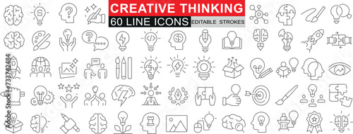 Creative Thinking 60 Line Icons, perfect for innovation, brainstorming, ideas. Ideal for web design, presentations, infographics. Clear visuals for creativity, problem solving concepts
