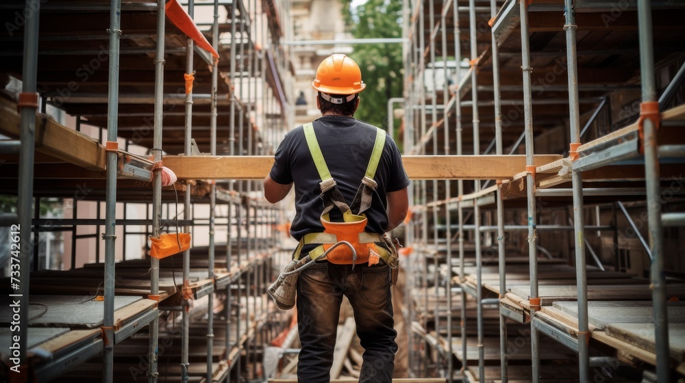 A worker is renovating the wall of a building while standing on scaffolding