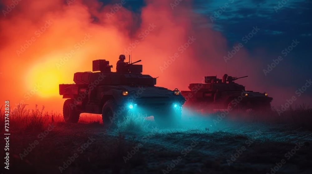 Military patrol car on sunset background. Army war concept. Silhouette of armored vehicle with soldiers ready to attack. Artwork decoration. Selective focus