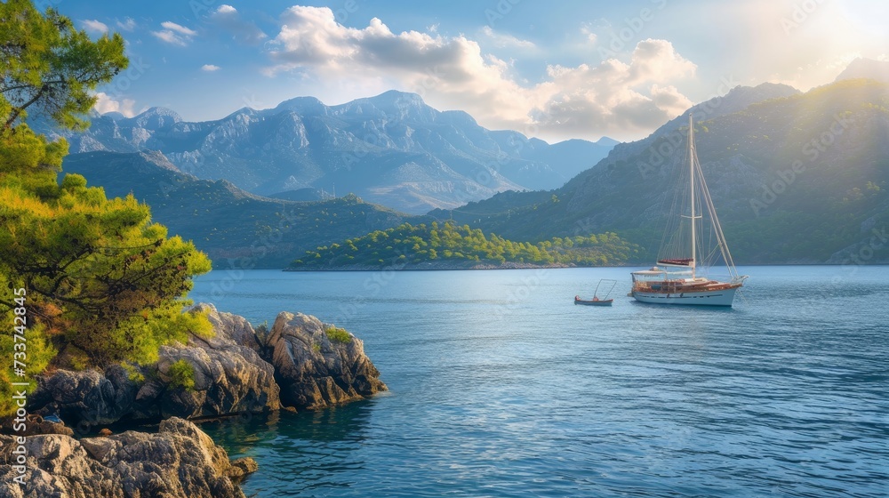 Boat in the sea with beautiful mountains in the background, luxury summer holiday in the seaside
