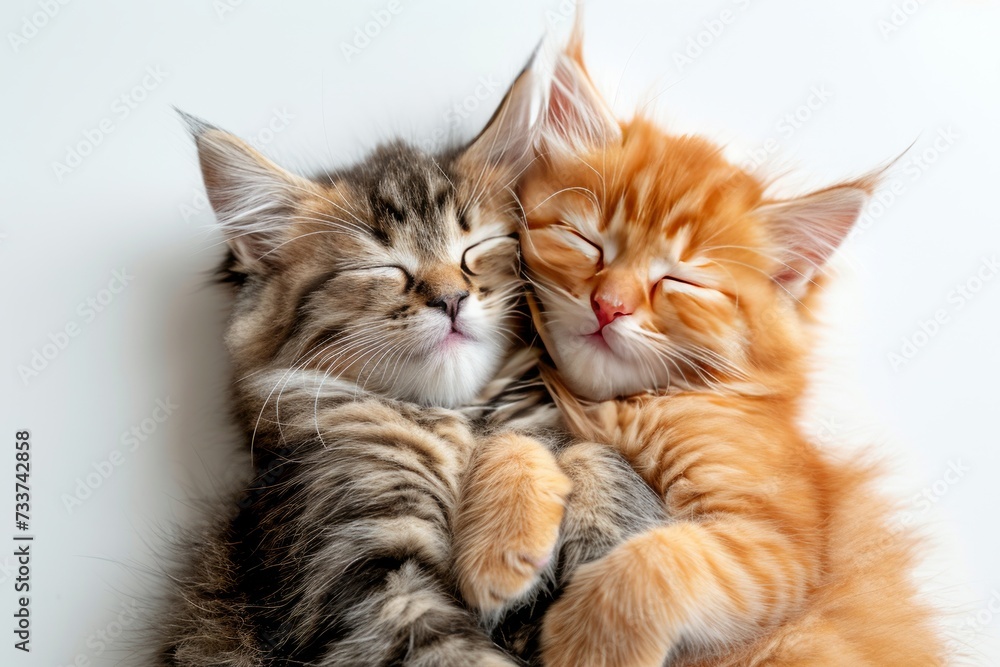 Two cute and sweety fluffy kittens sleeping, cuddled up to each other. Concepts: love, care, warmth, lovers, Valentine's day