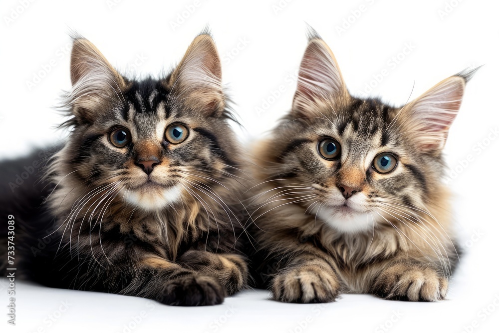 Two Maine Coon cats lying next to each other on a white background and looking at the camera Two Maine Coon cats lying next to each other on a white background and looking at the camera