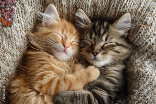 Two cute and sweety kittens sleeping in an embrace on a knitted bedding, cuddled up to each other. Concepts: love, care, warmth, lovers, Valentine's day