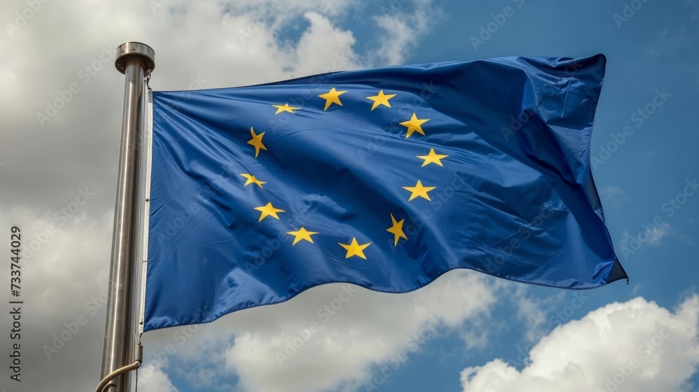 European union flag waving on blue sky, EU sign symbol European union flag waving on blue sky, EU sign symbol
