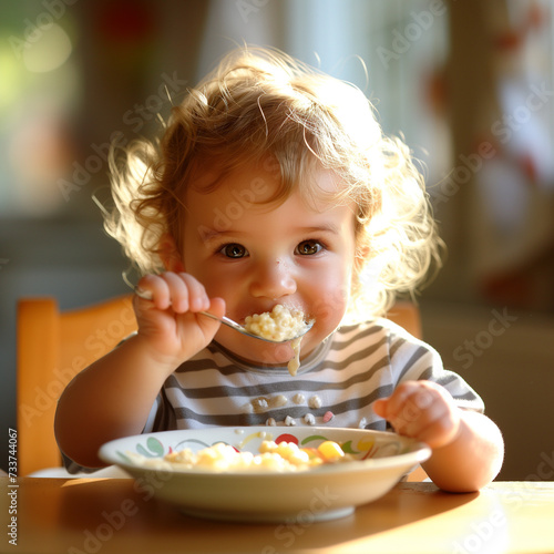 Cute toddler child with spoon sitting in highchair and learning to eat