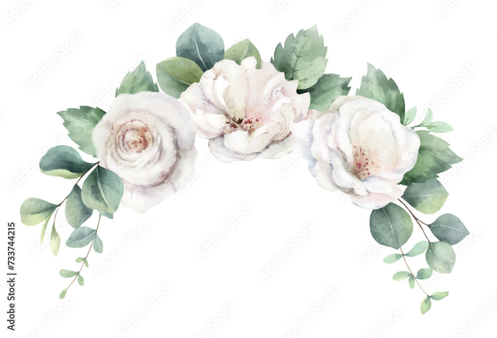Watercolor vector floral wreath. White roses and greenery. Branches of eucalyptus. Foliage arrangement for wedding stationary, greetings, wallpapers, fashion, fabric, home decoration. Hand painted