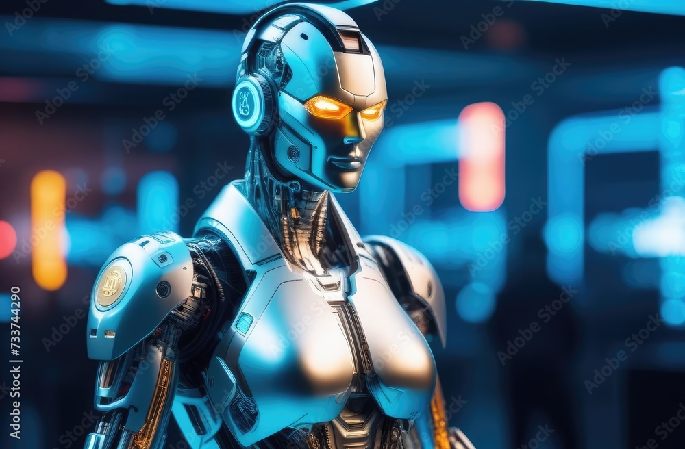 powerful futuristic android robot with metallic body and glowing eyes in determined pose.