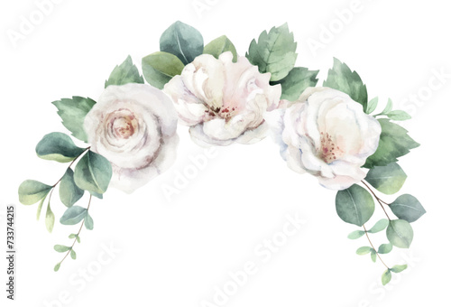 Watercolor vector floral wreath. White roses and greenery. Branches of eucaly...