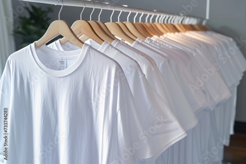 Close-up of white t-shirts on hangers, a collection of white t-shirts hang on a wooden clothes hanger photo