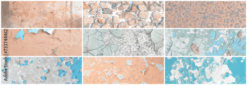 Set of panoramic background textures. Collection of wide textures with peeling paint, cracks, rust, stone and concrete walls. Faded rough surfaces of old walls. Bundle of light backgrounds for design.