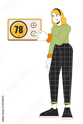 Turning down thermostat line cartoon flat illustration. Saving energy home 2D lineart character isolated on white background. Reduce utility bills. Room temperature change scene vector color image