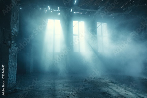 Empty abandoned ruined building inside in smoke and fog