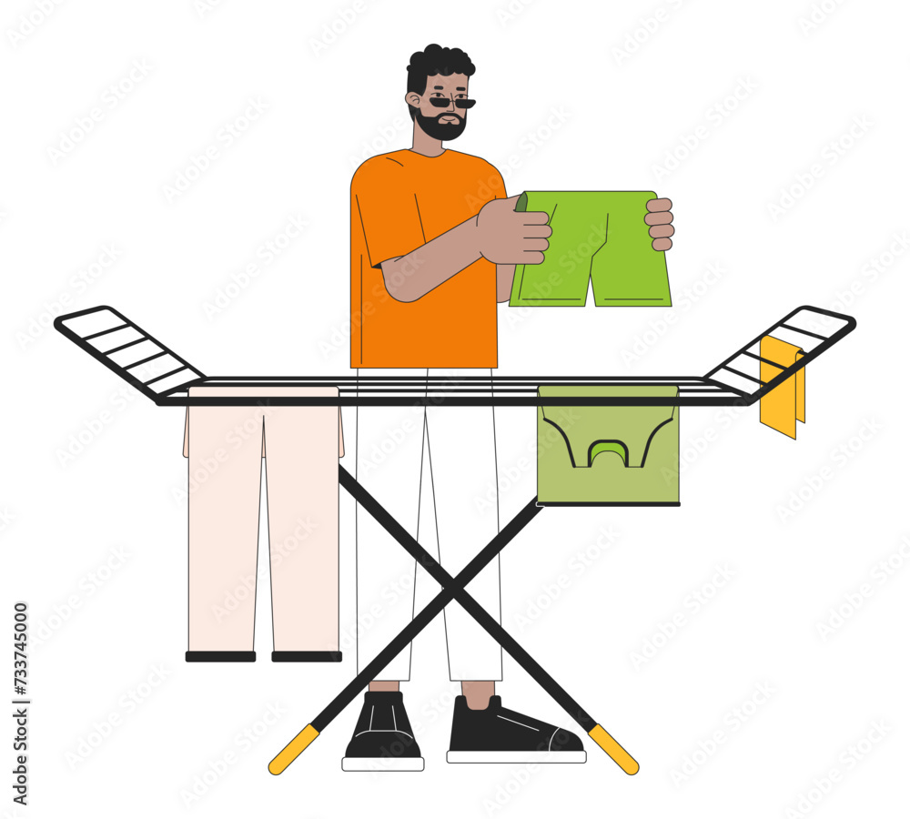 Air drying clothes on rack line cartoon flat illustration. African-american man 2D lineart character isolated on white background. Home chores. Saving energy at home scene vector color image Air drying clothes on rack line cartoon flat illustration. African-american man 2D lineart character isolated on white background. Home chores. Saving energy at home scene vector color image